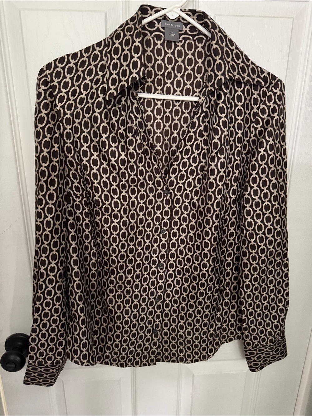 Ann Taylor Brown and Cream Geometric Link Print Button-Down Shirt
